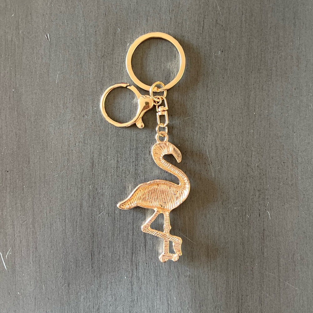 Flamingo Hot Light Pink Allover Rhinestone & Gold 2.5” Keychain Bag Purse Charm - Picture 2 of 2